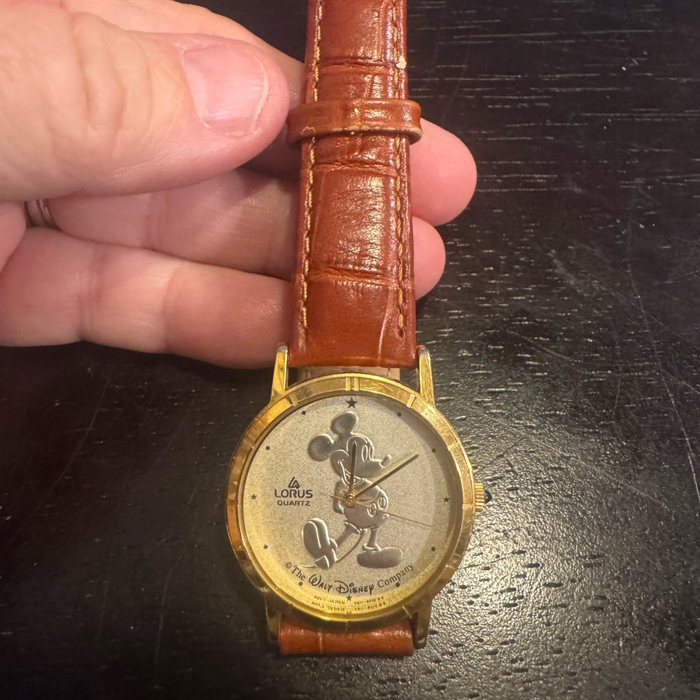 Vintage Lorus Mickey Mouse Gold Watch with Brown Leather Strap